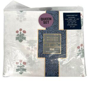 William Morris Queen Sheet Set Woodland White Pink Floral Print Cotton NWT